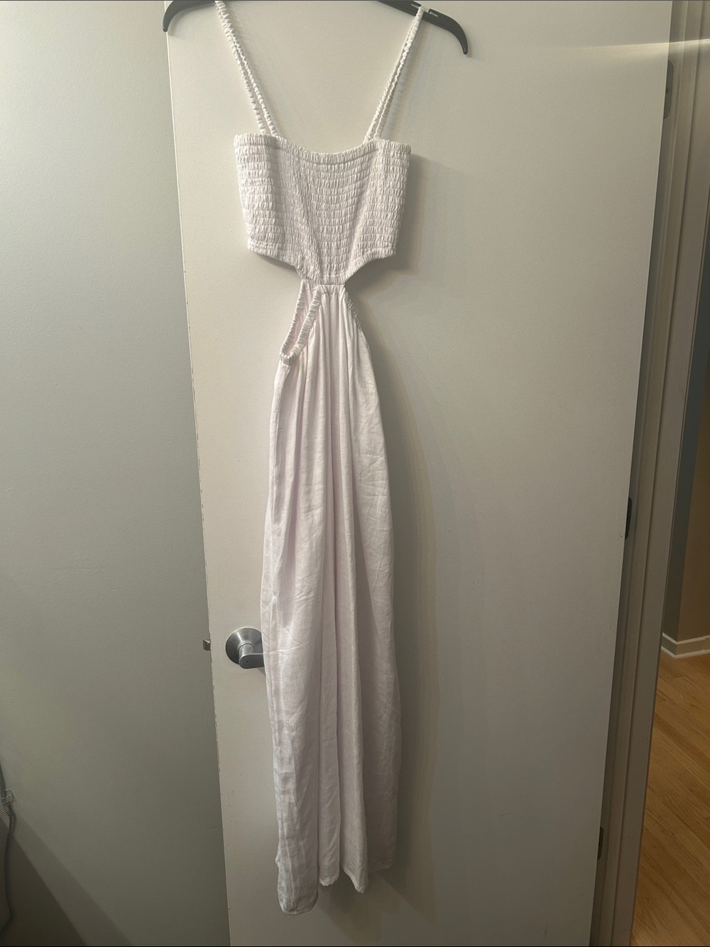 Faithfull the Brand White Smocked Cutout Maxi Dress with Spaghetti Straps